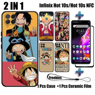 2 IN 1 เคสโทรศัพท์มือถือ กระจกนิรภัย ทรงโค้ง ป้องกันหน้าจอ ลาย One Piece สําหรับ Infinix Hot 10s 10s NFC