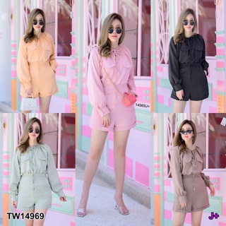 จั๊มสูทขาสั้น #สาวอวบ แขนยาวกระดุมหน้าคอผูกเชือก TT14969 Short jumpsuit #chubby girl, long sleeves, front buttons, lace-