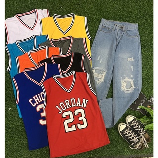 NBAเสื้อกล้ามกีฬา เสื้อกล้ามกีฬาสกรีนลาย เสื้้อกล้าม BULLS 23,JORDAN 23,CHICAGO 33 พร้อมกางเกงยีนส์ฟอกสีสโนว์ดำแต่งอาร์ม