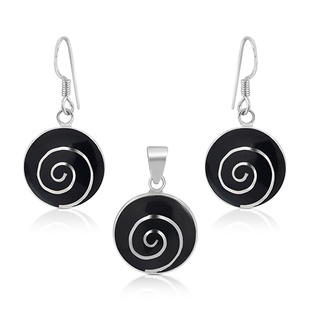 Sterling Silver Spiral Design Onyx Round Pendant and Earrings Set จี้และต่างหูสีดำเป็นวงกลมรูปก้นหอยเป็นเงินแท้925