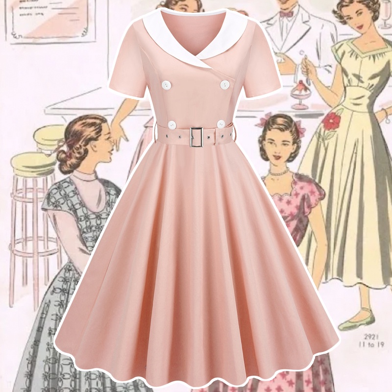 1950s Vintage แขนสั้นสีทึบ Elegnat Prom Slimming Dating Casual Swing ชุดสีชมพู