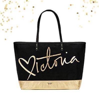 กระเป๋า VICTORIA’s SECRET Black and Gold Carryall Zippered Tote Bag