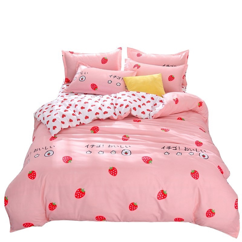 4pcs Pink Strawberry Kawaii Bedding Set, Pink Queen Size Bed Set
