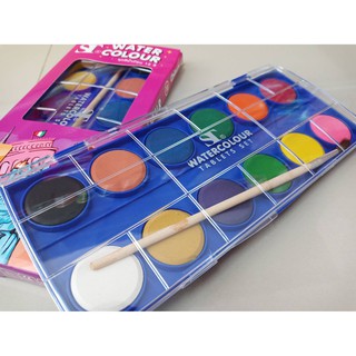 ชุดสีน้ำ 12 สี ชนิดก้อน ST Water Colour (กล่องพลาสติกแถมพู่กัน)