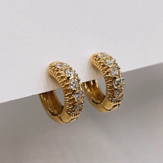 Pavé CZ Huggies, 18K Gold Plated Sterling Silver Earrings E0136 | เงินแท้ 925 ชุบทองเเท้ 18 กะรัต