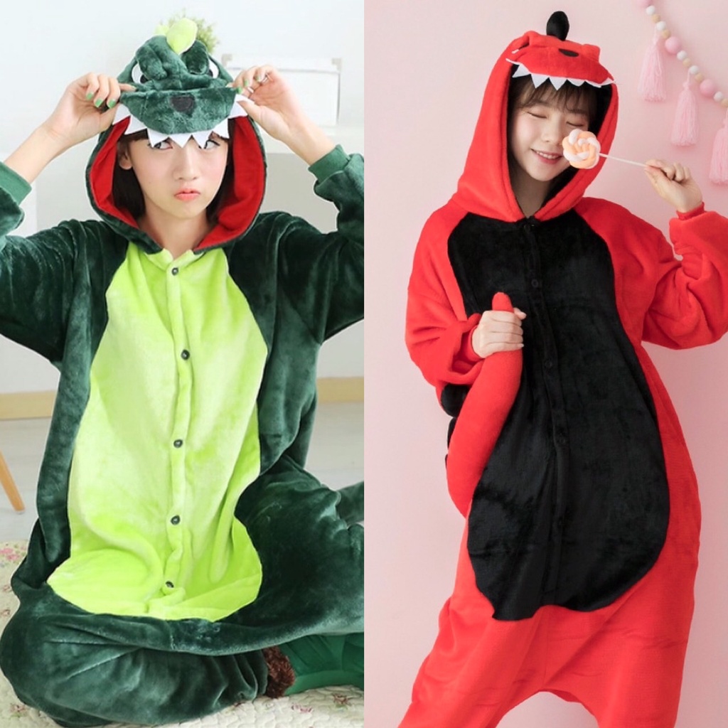 📮ส่งด่วน📮พร้อมส่ง ชุดมาสคอต ชุดแฟนซี Onesie (ไม่รวมรองเท้า) ไดโนเสาร์เขียวและแดง Priority