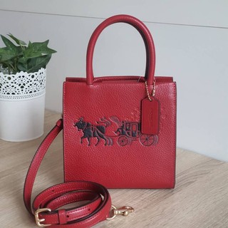 (ผ่อน0%) กระเป๋าสะพายข้าง Coach LUNAR NEW YEAR MINI CALLY CROSSBODY WITH OX AND CARRIAGE C2184 หนังแท้ สีแดง ลายรถม้า