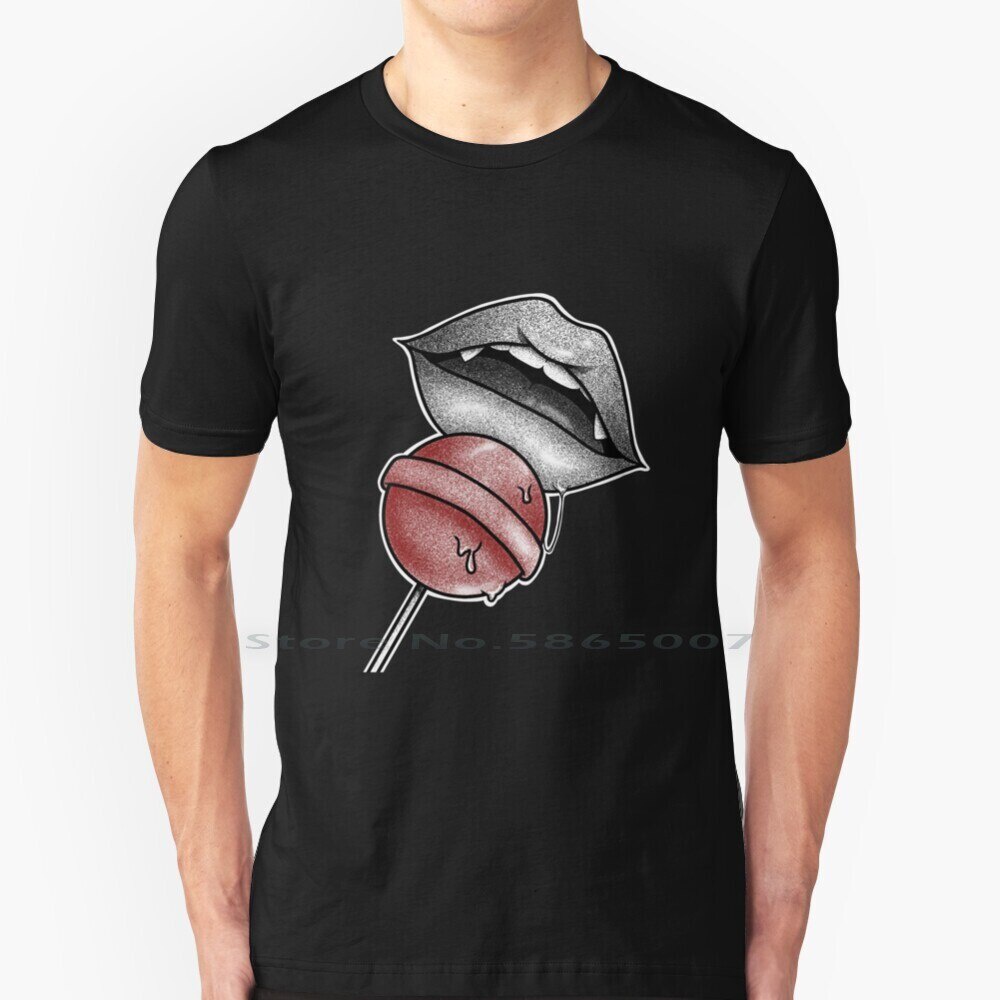 Sweet Tooth Fangs พร้อม Lollipop-ไม่มีข้อความ T เสื้อผ้าฝ้าย 100% Lollipop Candy ขนมหวานฟันหวานริมฝี