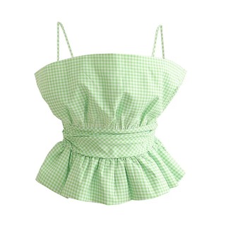 Gingham cinched green เสื้อ ลายตาราง สีเขียว