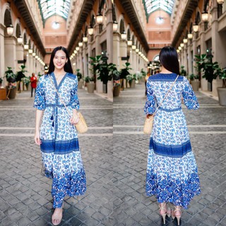 MASS Fashion : เดรสยาว สีฟ้า สไตล์โบฮีเมียน Dress - Bohemian Long Blue