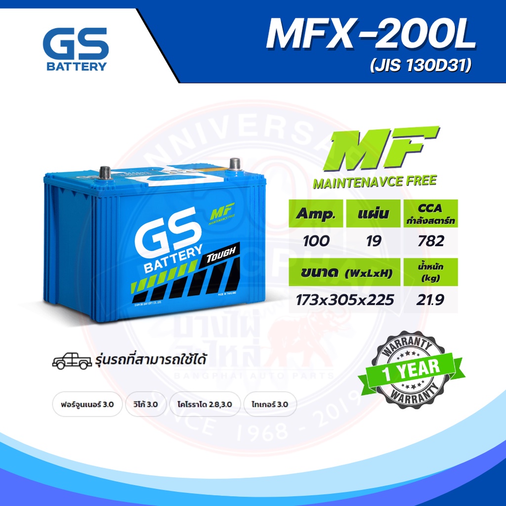 แบตเตอรี่ GS MFX-200L (MF:MFX) 100Amp. (JIS 130D31)