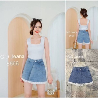 G.D.Jeans รุ่น 5668#กางเกงกระโปรงยีนส์ขาสั้นผ้าด้านดีไซร์ลูกไม้สีขาวรอบ