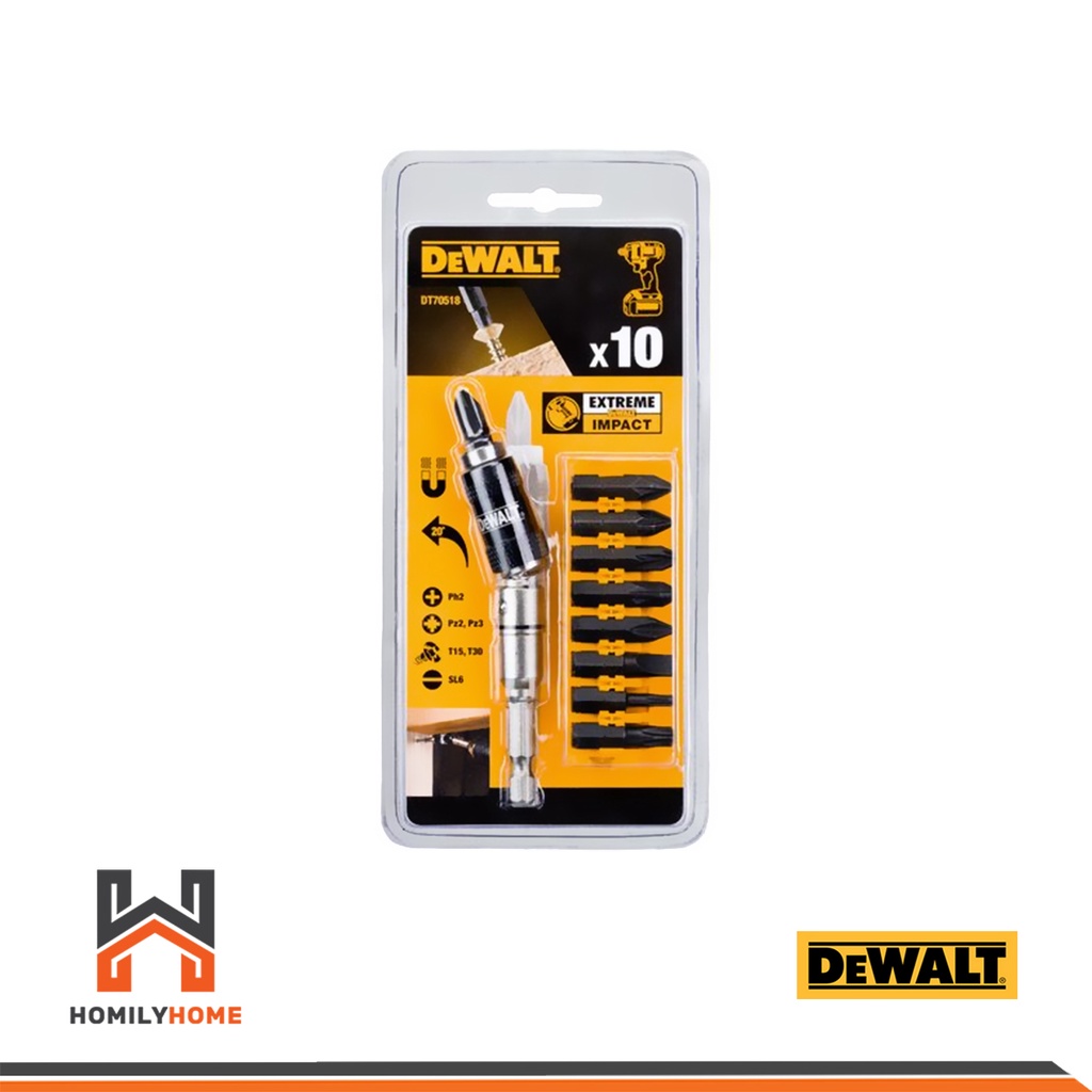 DEWALT ชุดไขควงกระแทก พร้อมหัวจับดอกสว่านแบบหมุนได้ 10 ชิ้น รุ่น DT70518T-QZ DT70518T