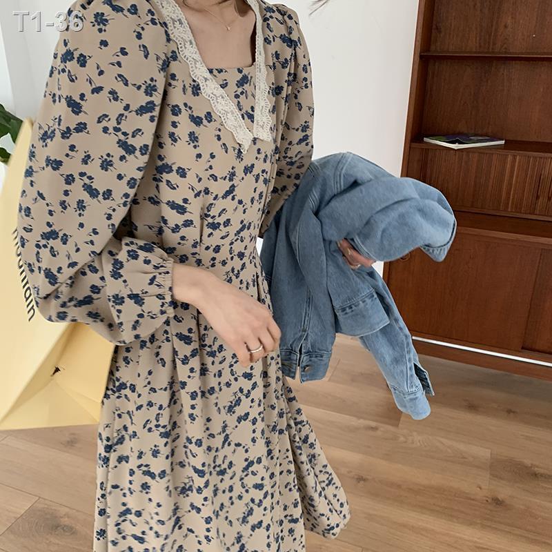 ❉Puxi PUXI เดรสลายดอกไม้หญิงช่วงต้นฤดูใบไม้ผลิ 2021 เวอร์ชั่นเกาหลีใหม่หลวมพัฟแขนเสื้อชีฟองกระโปรงยา