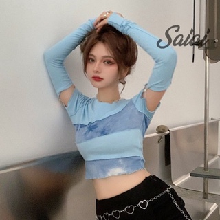 Saiai เสื้อครอปท็อป แขนยาว ทรงสลิมฟิต สไตล์เกาหลี สําหรับผู้หญิง