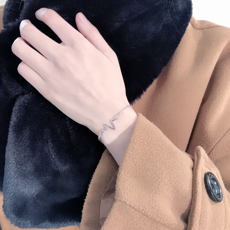 สร้อยข้อมือเงิน สีดํา ทอง เรียบง่าย อิเล็กโทรไดโอแกรม สร้อยข้อมือโซ่ ปรับได้ สําหรับผู้ชาย / ผู้หญิง / คู่รัก