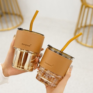 พร้อมส่งในไทย  แก้วน้ำStyle Minimal  420-450ml แก้วกาแฟ พร้อมหลอด+ฝาปิด+ ปลอกซิลิโคนกันร้อน
