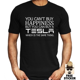 เสื้อยืด ผ้าฝ้าย พิมพ์ลายรถยนต์ Tesla Cant Buy Happiness Funny Elon Musk S สําหรับผู้ชาย DF12HJ36637