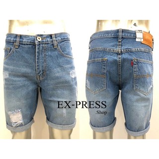 JPjeans Shorts MENS DENIM กางเกงยีนส์ขาสั้นชาย สีบลูฟอกขาด ป้ายหนังแท้Size 28-36รับชำระปลายทาง