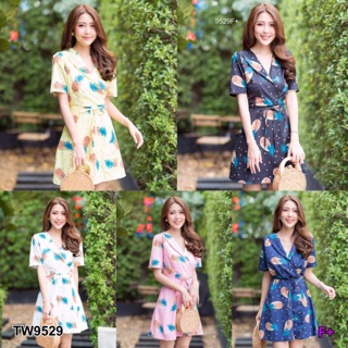 Dress เดรสคอปกทรงป้ายหน้าลายสัปปะรด NI 9529