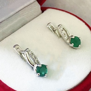 P6407 ต่างหูพลอยโมราแท้ ( Chrysoprase ) แบบอิงลิชล็อค ตัวเรือนเงินแท้ 925 ชุบทองคำขาว