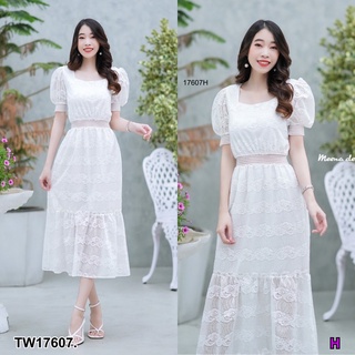 เดรสยาวมินิมอล ผ้าล฿กไม้ คอเหลียมแขนพอง TT17607