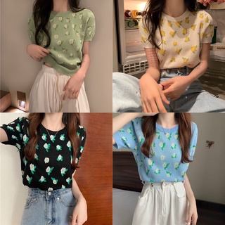 ttshop🌟พร้อมส่ง 🌟เสื้อไหมพรมแขนสั้น ลายดอกไม้เล็กๆ สุดตะมุตะมิ