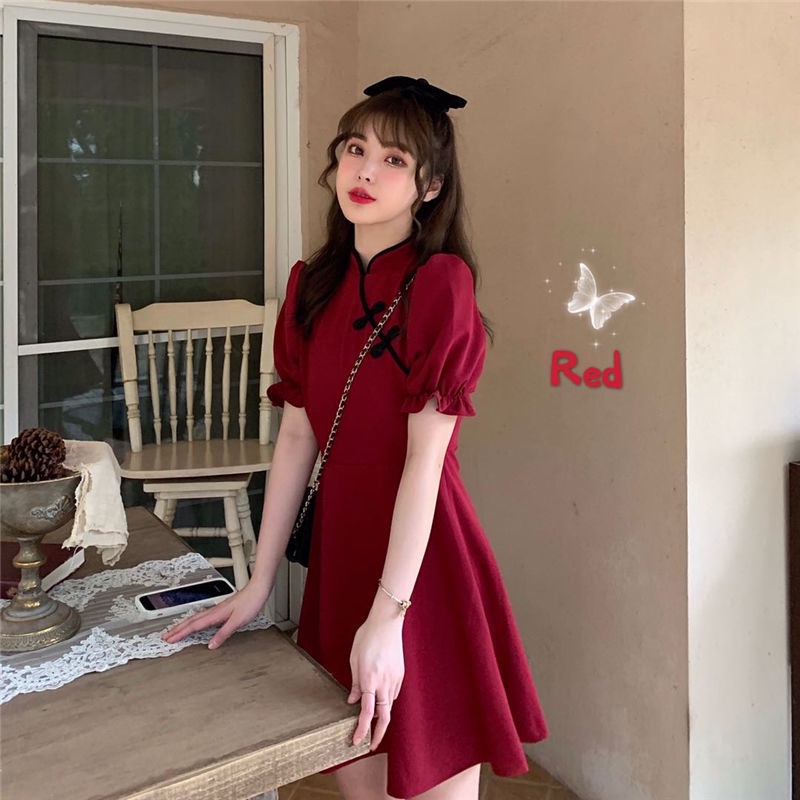 พร้อมส่งจากไทย เดรสผู้หญิงแดง/ดำ กี่เพ้าที่ได้รับการปรับปรุง cheongsam ชุดกี่เพ้าสีแดงสไตล์จีน