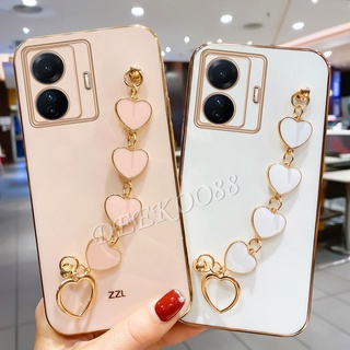 เคสโทรศัพท์มือถือ วีโว่ VIVO Y02S Y77 Y30 Y55 Y75 X80 Pro Y01 Y01A 5G 4G Handphone Casing Soft TPU Phone Cell Case with Cute Lovely Love Hand Chain Shell Girl Pink White Back Cover VIVOY02S VIVOY77