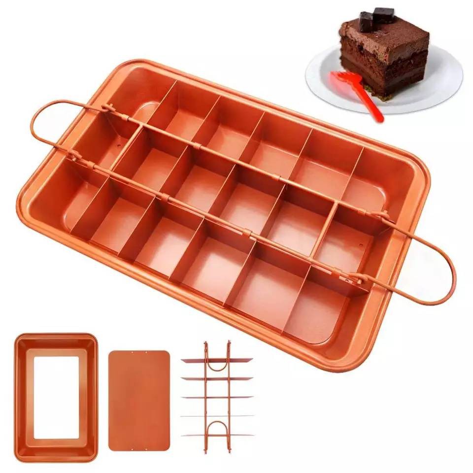 ถาดอบบราวนี่ ถาดบราวนี่ พร้อมที่แบ่งช่อง18 ช่อง ถอดก้นได้ สีส้มอิฐ NON-STICK