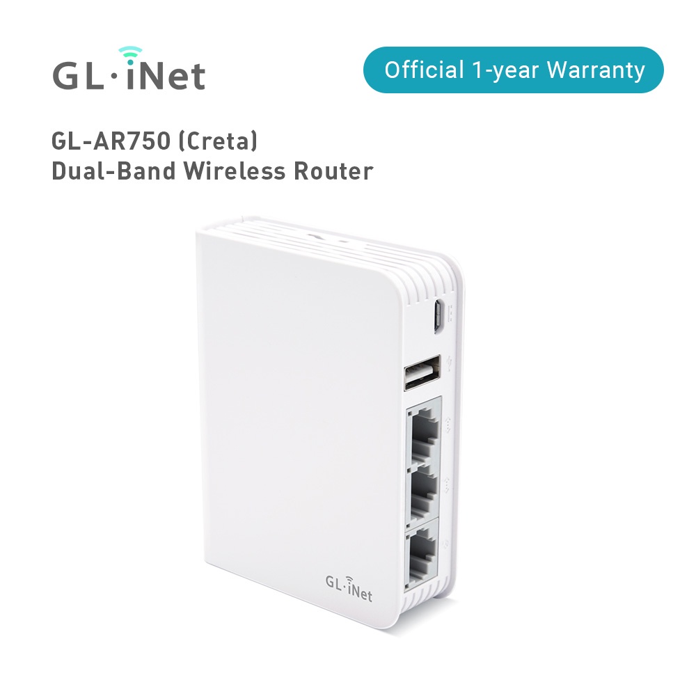 GL.iNet GL-AR750 (Creta) Travel AC VPN Router, 300Mbps(2.4G)+433Mbps(5G) Wi-Fi, 128MB RAM, รองรับการจัดเก็บข้อมูล MicroSD, Repeater Bridge, ติดตั้งล่วงหน้า OpenWrt/LEDE, อะแดปเตอร์ไฟฟ้าและสายเคเบิล