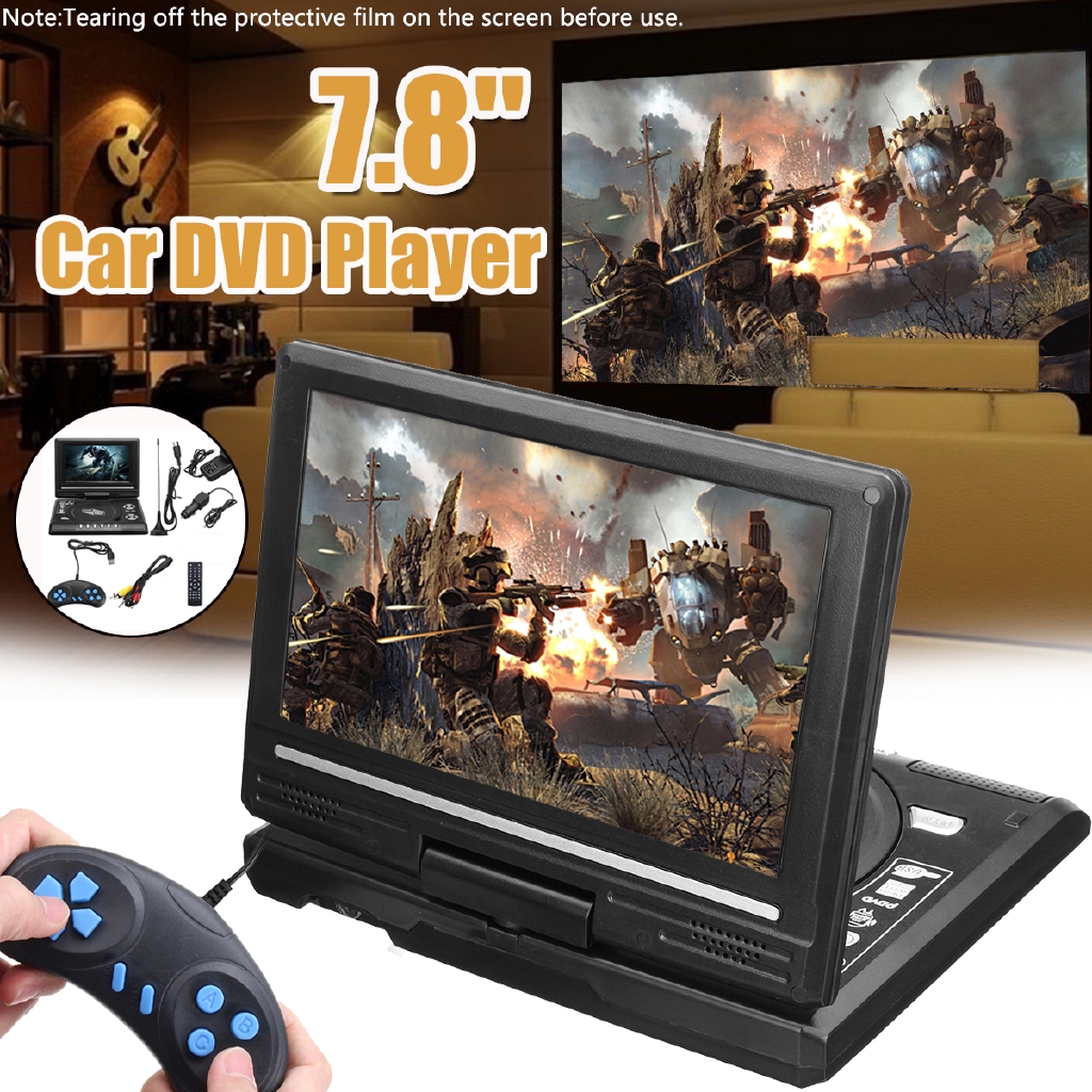 7.8 นิ้ว DVD แบบพกพาพร้อม HD Mini TV Player หมุนหน้าจอ LCD SD การ์ดสีดํารถบ้าน VCD CD Player