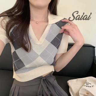 Saiai เสื้อคาร์ดิแกน แขนสั้น คอโปโล ผ้าถัก สไตล์เกาหลี สําหรับผู้หญิง