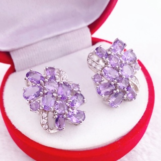 U6452 ต่างหูพลอยอเมทิสต์แท้ ( Amethyst ) แบบอิงลิชล็อค ตัวเรือนเงินแท้ 925 ชุบทองคำขาว