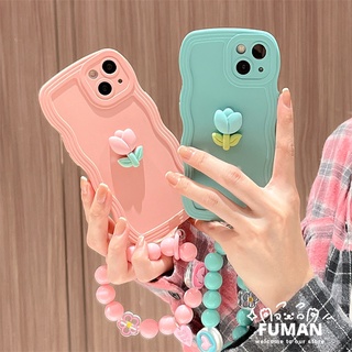 เคสโทรศัพท์มือถือ ซิลิโคนนิ่ม ปิดด้านหลัง ลายดอกทิวลิป 3D พร้อมสายคล้องมือ ประดับลูกปัด สําหรับ Samsung Galaxy A73 A72 A71 A52 A52s A51 A50 A50s A30s A7 2018 4G 5G