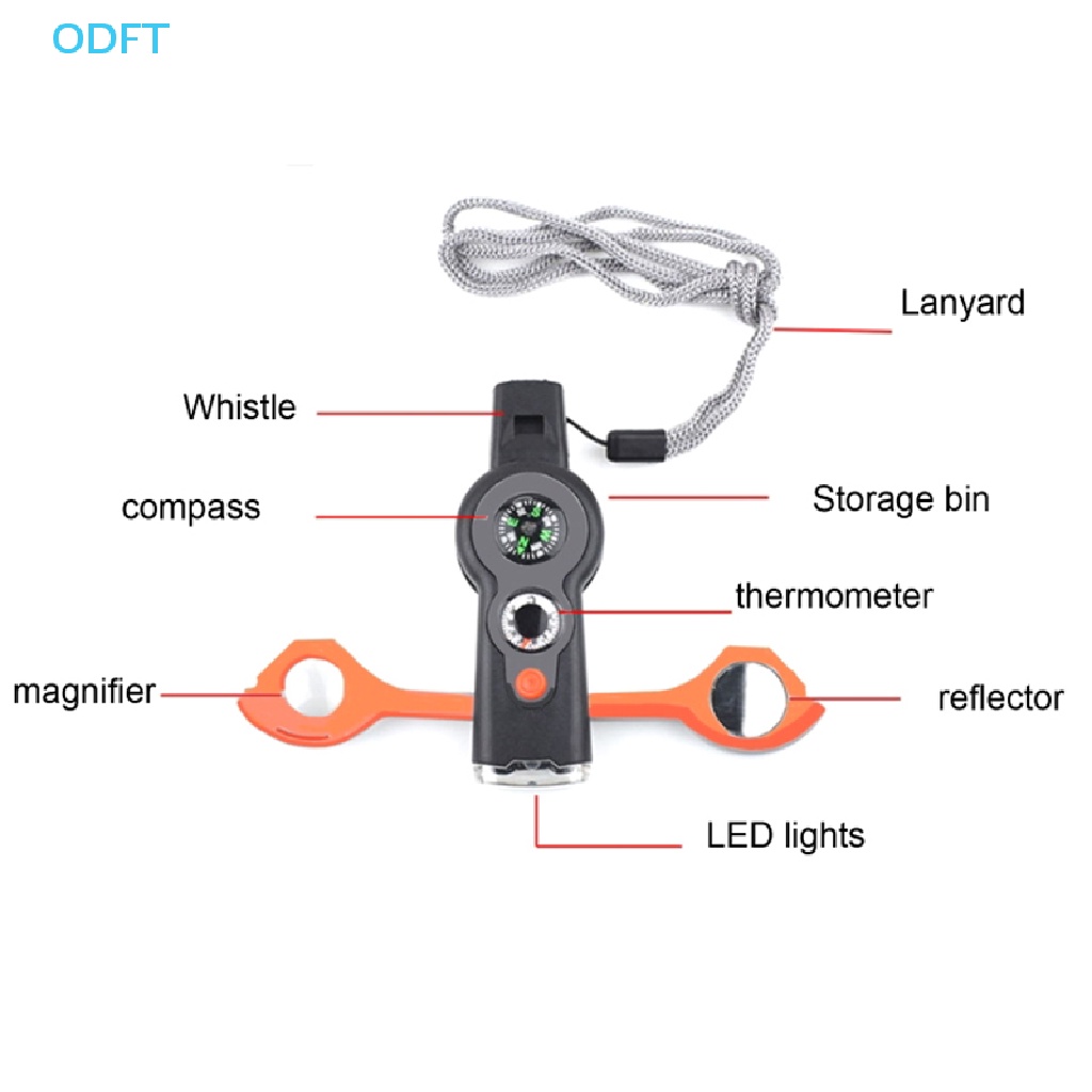 OD 7 in1 Outdoor Survival Whistle พวงกุญแจเข็มทิศแว่นขยาย LED light FT