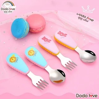 DODOLOVE ชุดช้อนส้อมสแตนเลส ช้อนส้อมสำหรับเด็ก ช้อนส้อมเด็ก ลายน่ารัก