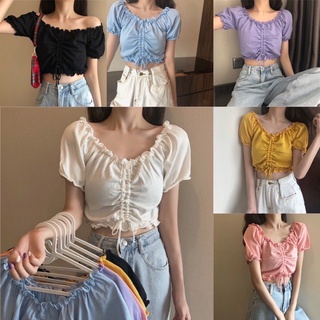 🌹kay kai_Shop🌹 พรอมส่ง1-3วัน เสื้อครอปรูดหน้า คอกว้าง แขนตุ๊กตา เสื้อแฟชั่น สีสันสวยงาม ทรงสวย สุดน่ารัก #47055
