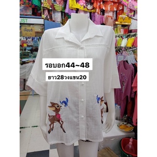 เสื้อลินินปกปีกลายปักงานสวยเรียบกระดุมมุกกุ้นลูกไม้ที่สาปและเเขนอก44-48