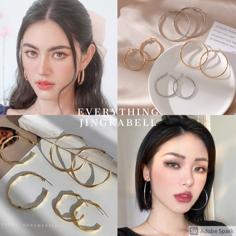 พร้อมส่ง  ต่างหูสายฝอ ต่างหูห่วงใหญ่ ต่างหูห่วงทอง ตุ้มหูห่วง【ไม่ใช่ก้านเงิน】