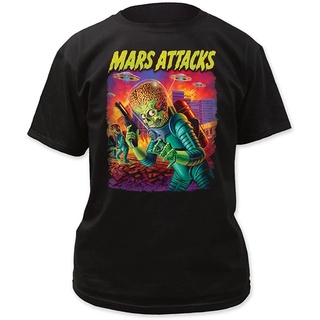 เสื้อยืดโอเวอร์ไซส์เสื้อยืดแขนสั้น ผ้าฝ้าย 100% พิมพ์ลาย Mars Attacks UFOs Attack สีดํา แฟชั่นสําหรับผู้ชายS-3XL