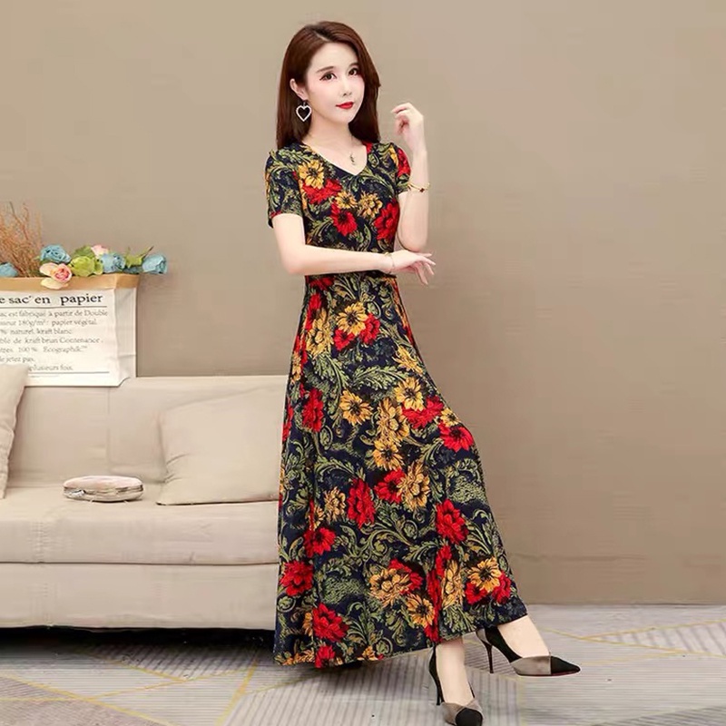 พร้อมส่งในไทย เดรสสตรีสวยหรูเนื้อผ้าเรียบๆใส่สบาย  แฟชั่นวินเทจลายผสมผสานเดรสยาวกระโปรงทรงซ้อนสวยมาก - รูปที่ 2