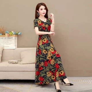 พร้อมส่งในไทย เดรสสตรีสวยหรูเนื้อผ้าเรียบๆใส่สบาย แฟชั่นวินเทจลายผสมผสานเดรสยาวกระโปรงทรงซ้อนสวยมาก