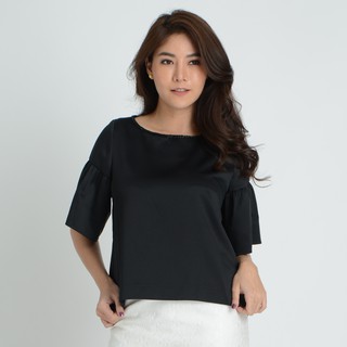 GSP BLOUSE  เสื้อจีเอสพี เสื้อไม่มีปก แขนสั้น สีดำ แต่งดีเทลช่วงแขน (SL45BL)