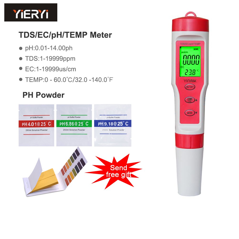 TDS Meter PH Meter เครื่องทดสอบคุณภาพน้ําพร้อมอุณหภูมิ TDS PH EC 4 in 1