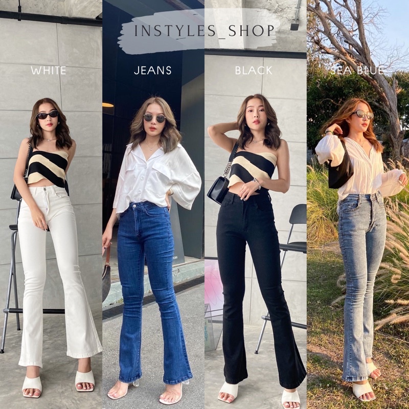 instyles_shop jammy denim | กางเกงยีนส์ขาม้าเล็กเอวสูง ปลายขาบานพอดี ผ้ายีนส์ยืด ใสแล้วขายาว