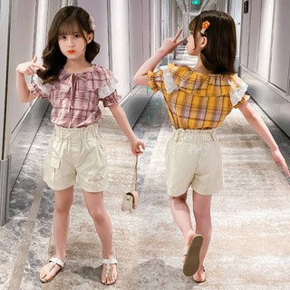 (พร้อมส่ง) เสื้อผ้าเด็กโต ชุดเด็ก เสื้อลาย+กางเกงขาสั้น ผ้าดีตรงปก