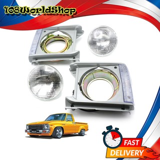 ชุดไฟหน้า + กรอบขาไฟหน้า ซ้าย+ขวา เลนซ์ใส กลม ใหญ่ 7นิ้ว Denki Toyota  Hilux RN30 Pick Up ปี1973 - 1983