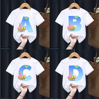 Kawaii เสื้อยืดแขนสั้น พิมพ์ลาย SpongeBob SquarePants A B C D-Z แฟชั่นฤดูร้อน สําหรับเด็กผู้ชาย และเด็กผู้หญิง