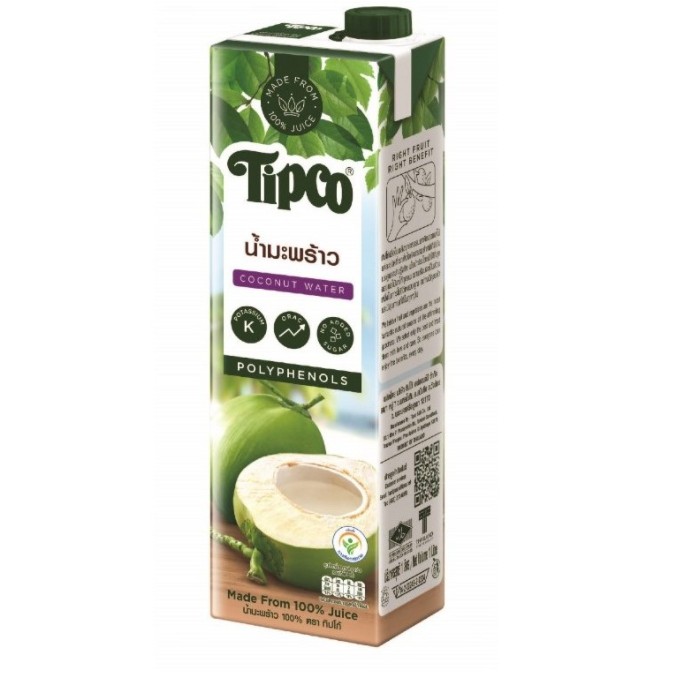 TIPCO น้ำมะพร้าว 100% Coconut water ขนาด 1000 มล. x 12 กล่อง ยกลัง (1ลัง/12กล่อง)